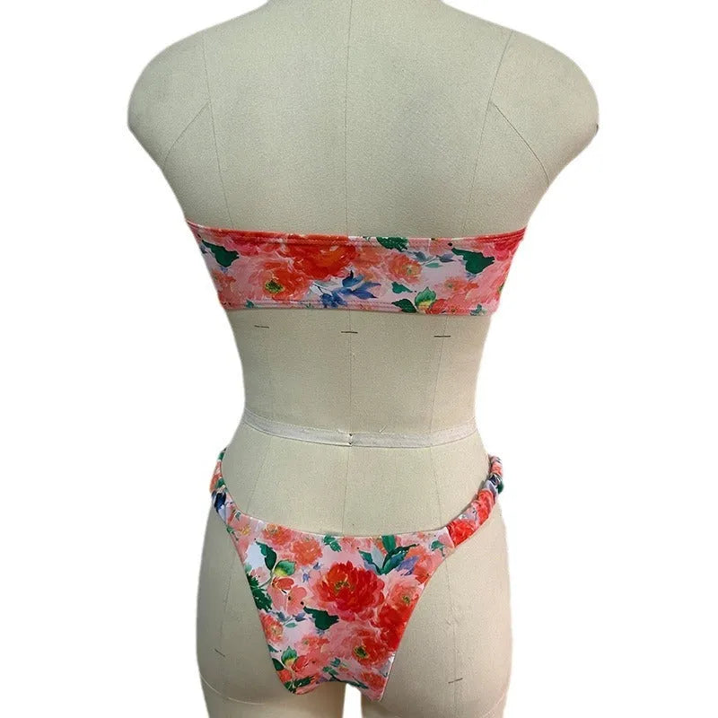 Women's floral printed lace-trim bikini set in blue, shown front and back.