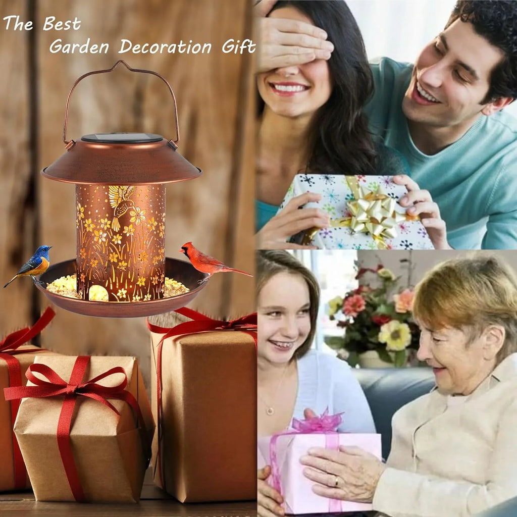 Iron art solar-powered bird feeder lamp with hummingbird pattern design for outdoor gardens.