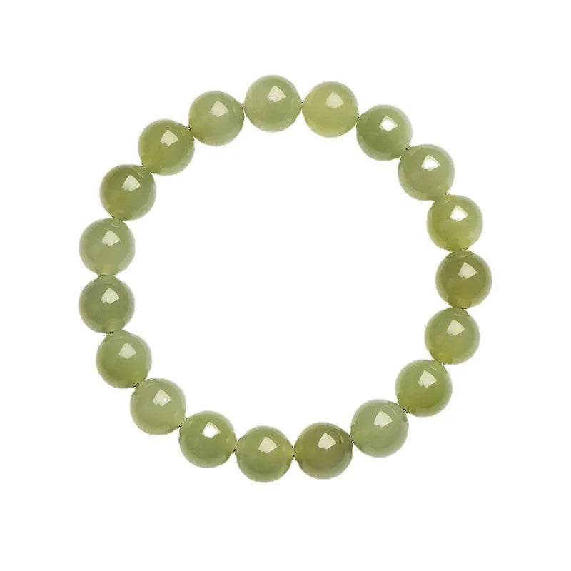 Polished Hetian jade bead bracelet in clear water colours on a wrist, showing bead size options.