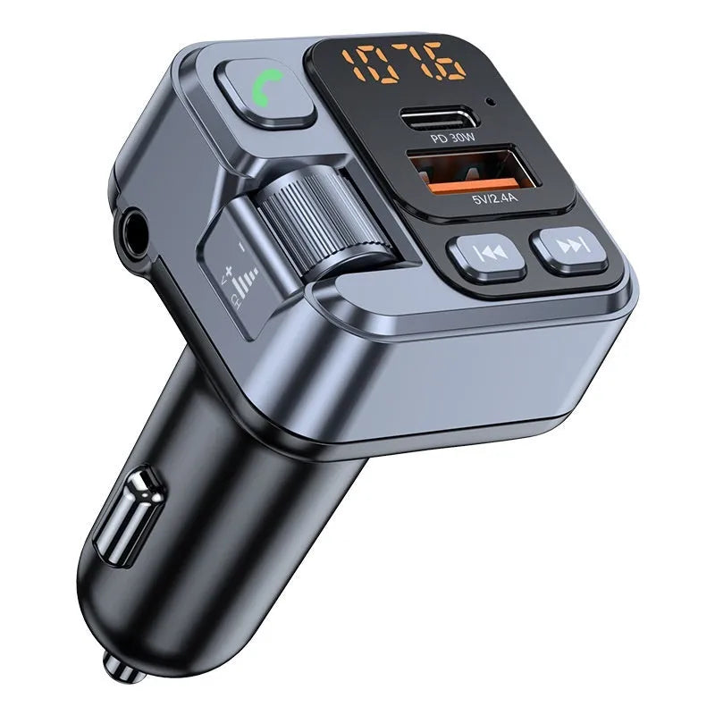 Black car Bluetooth receiver with LED display showing connection status and dual USB ports for fast charging
