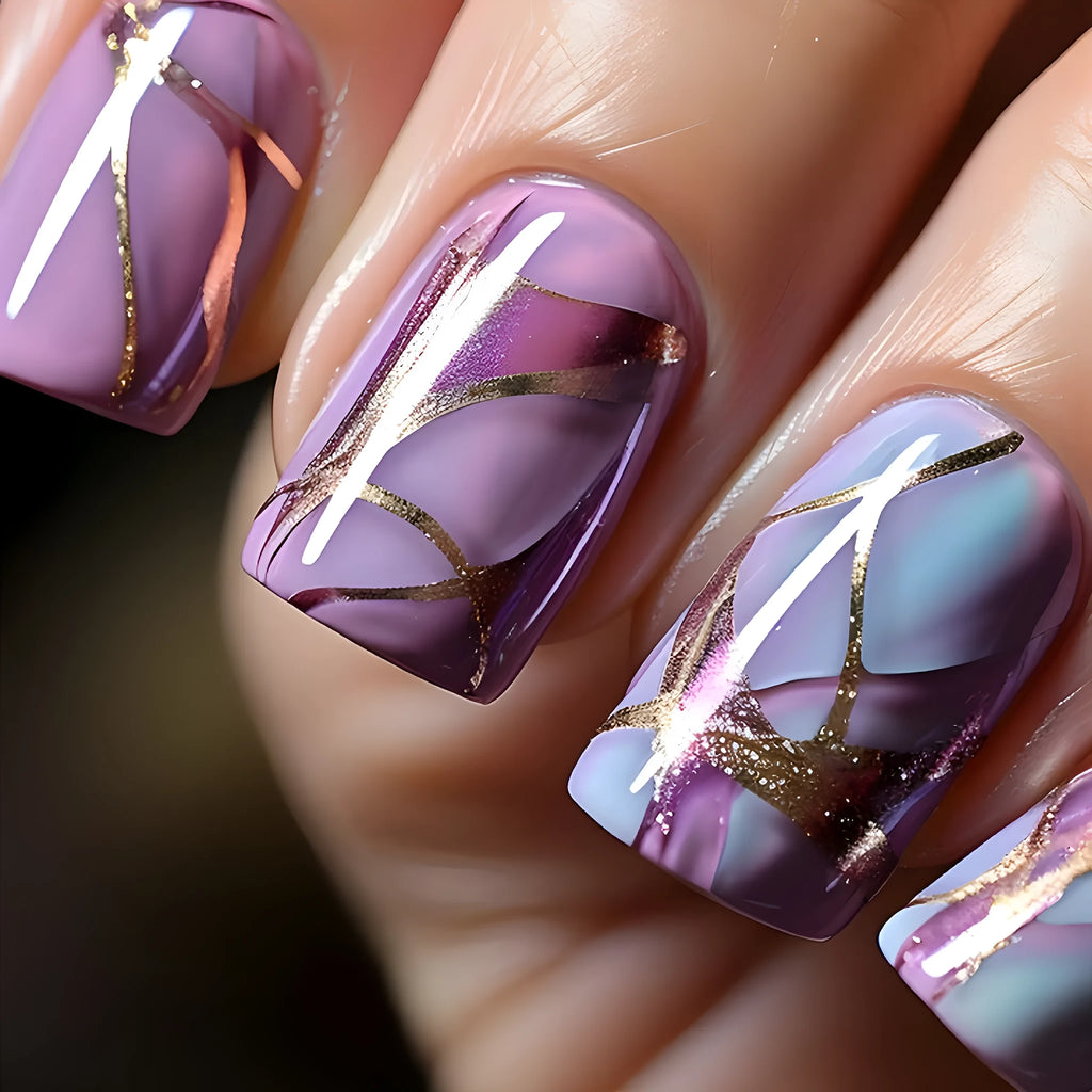 Medium-length purple striped nail stickers in European and American style