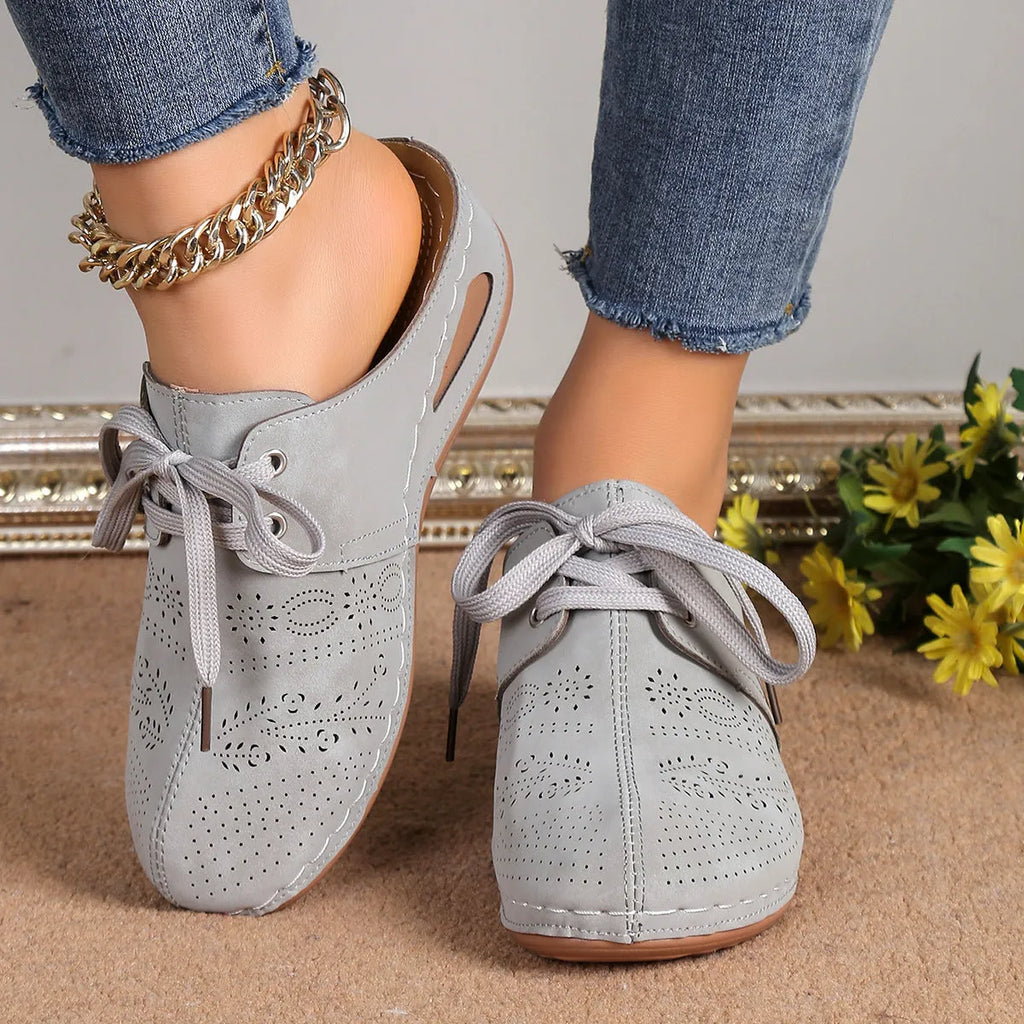 Women's lace-up baotou slippers with hollow-out wedge design in suede and rubber materials