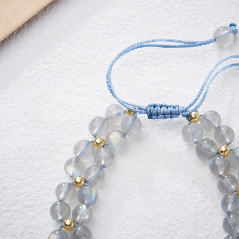 Grey moonstone woven bracelet with butterfly charm for women
