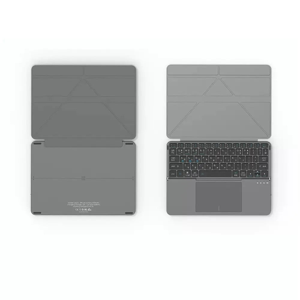Grey wireless Bluetooth folding keyboard for smartphones and tablets showing compact portable design