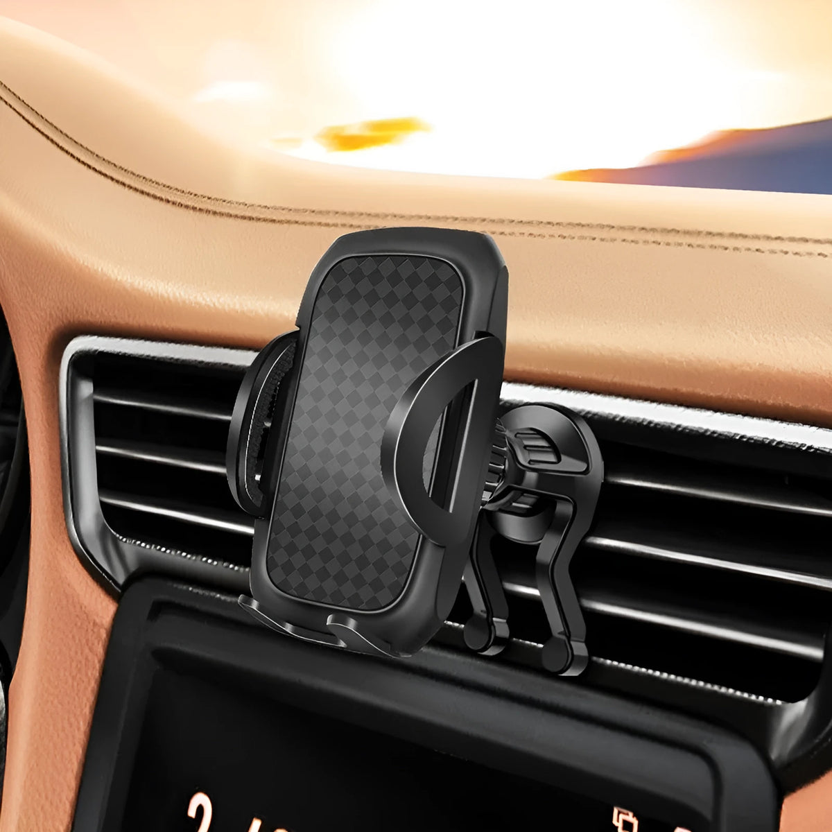 Plastic cartoon style suction cup car phone holder on dashboard