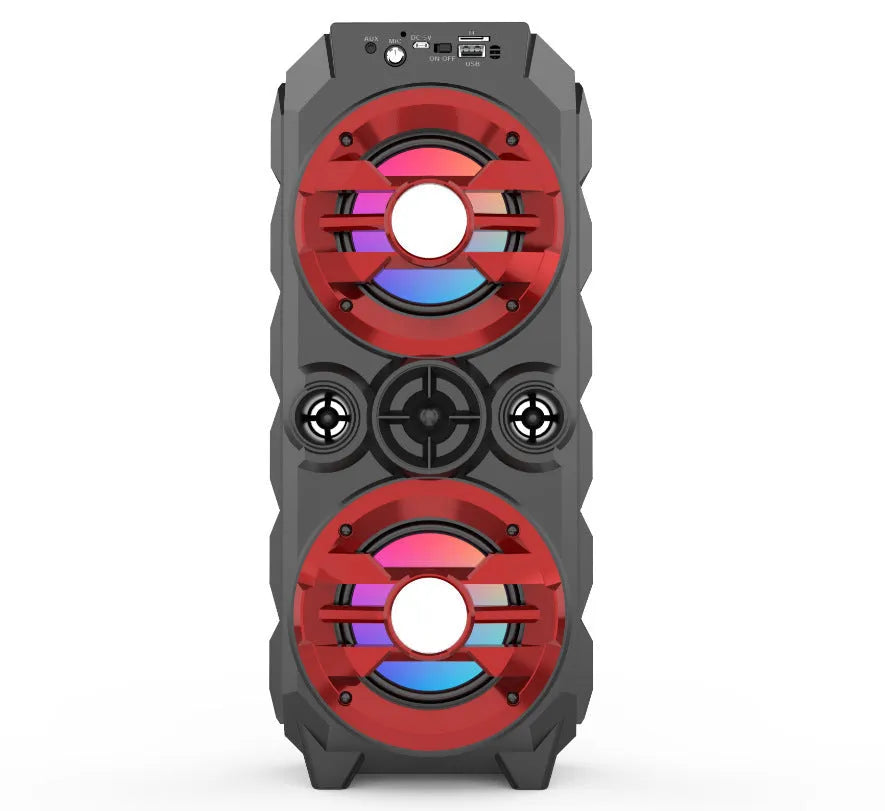 Portable Bluetooth speaker with colour LED lights in blue colour option showing control buttons