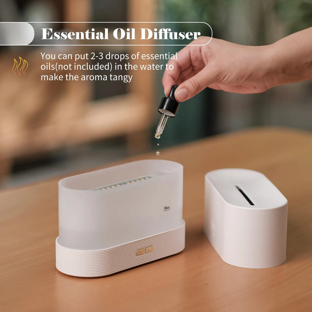 Square black ultrasonic aroma diffuser with flame effect lighting and water tank