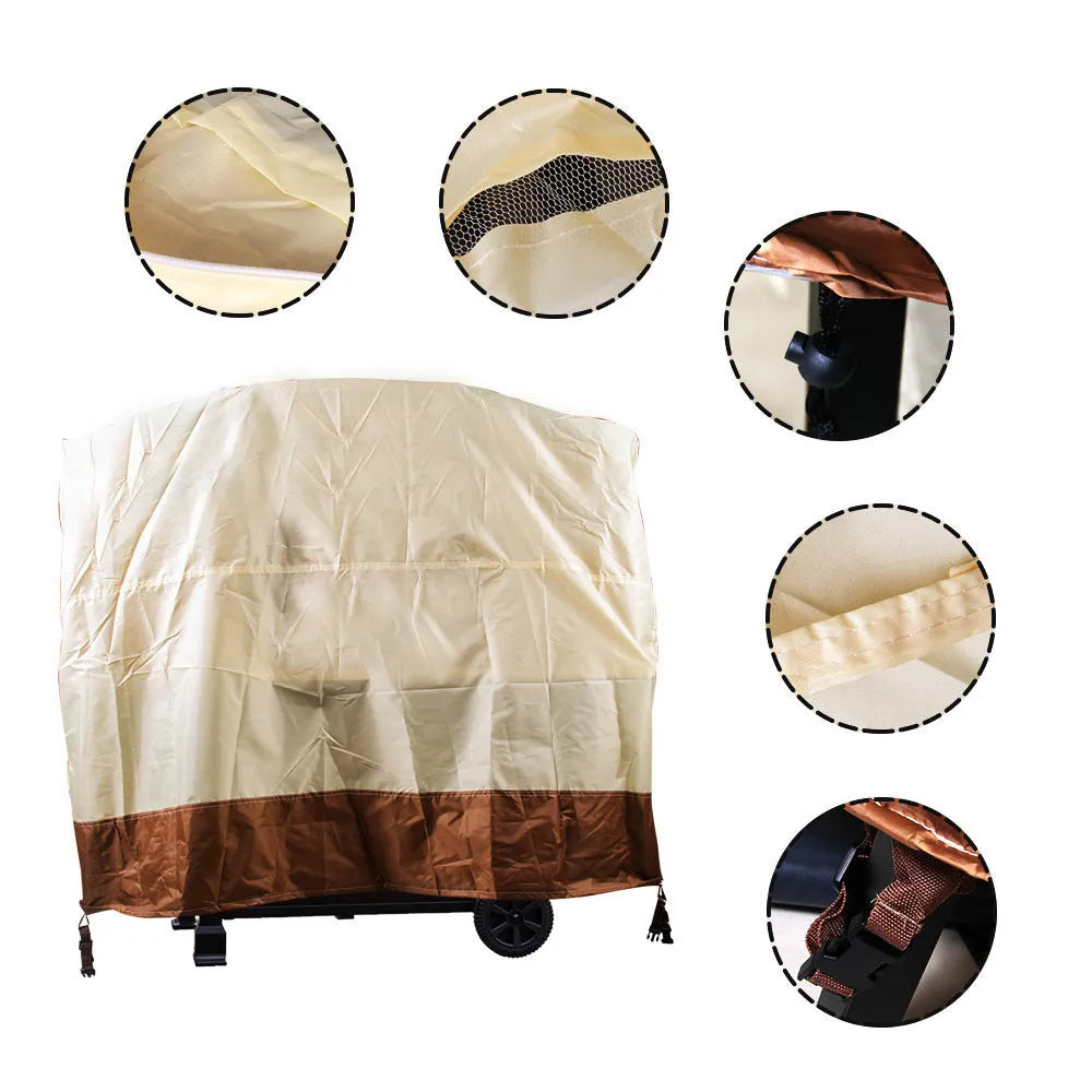 Beige Nordic-style polyester outdoor barbecue cover shown over a garden oven