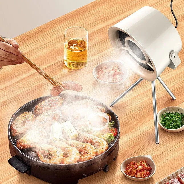Milky white portable desktop kitchen exhaust fan with USB cable and three-speed controls