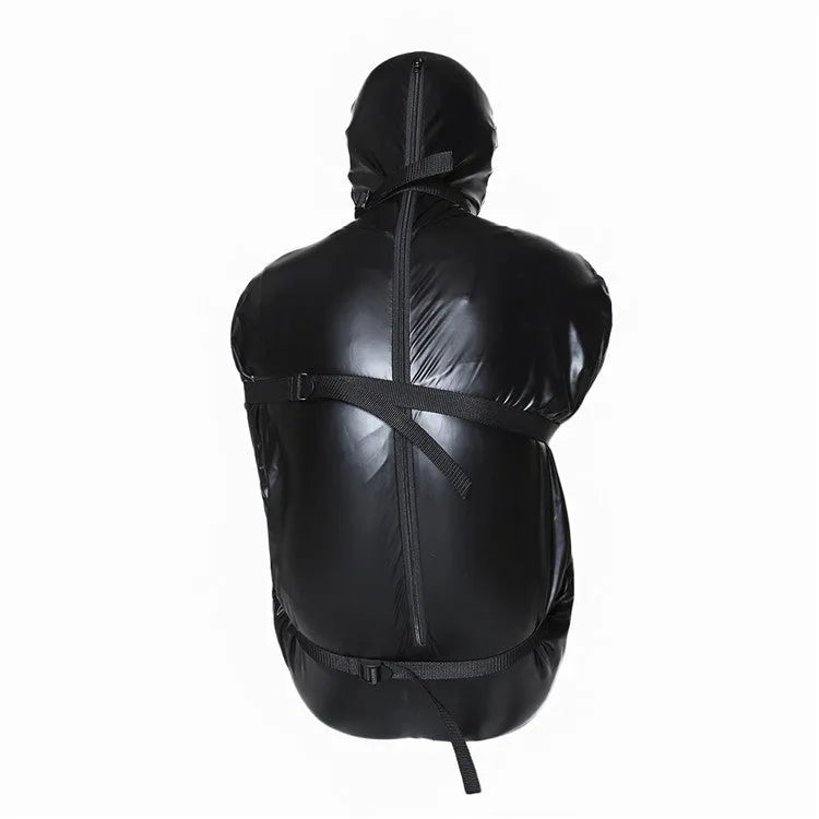 Black patent leather bondage set with body wrap and six ratchet tie-down straps