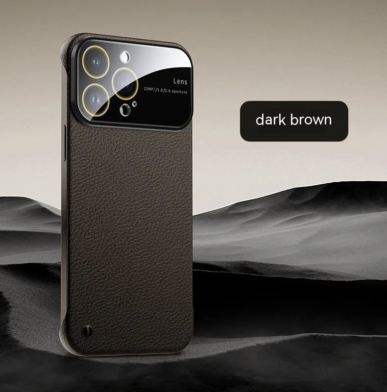 Frameless lychee pattern iPhone case in black, PC material, shockproof and anti-fingerprint, for iPhone 11 to 15 Pro Max.