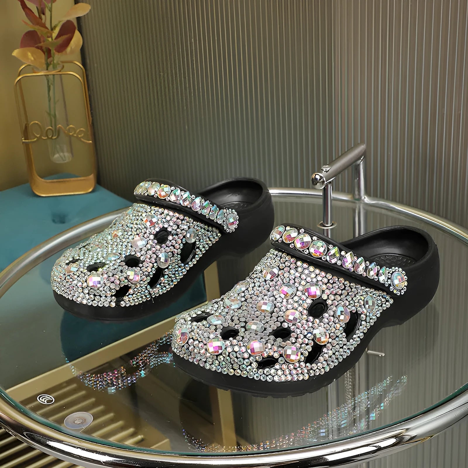 Black women's platform sandals with rhinestone straps and a textured EVA sole.