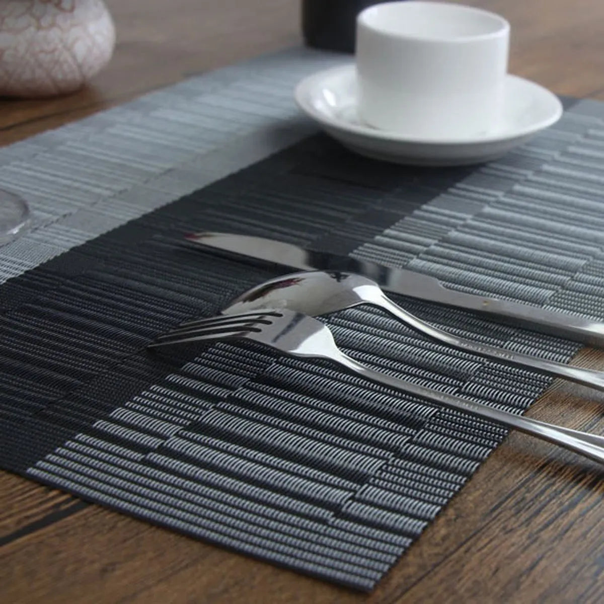 PVC non-slip dish mat in modern simple style showing gradient bamboo black and 30x180cm size options.