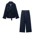 Casual blue denim trench coat set with short wide design, belt, and long sleeves for women
