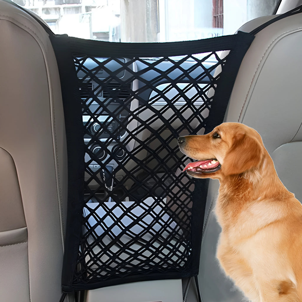 Black elastic car pet fence with nylon hooks for middle seat isolation, available in three styles.