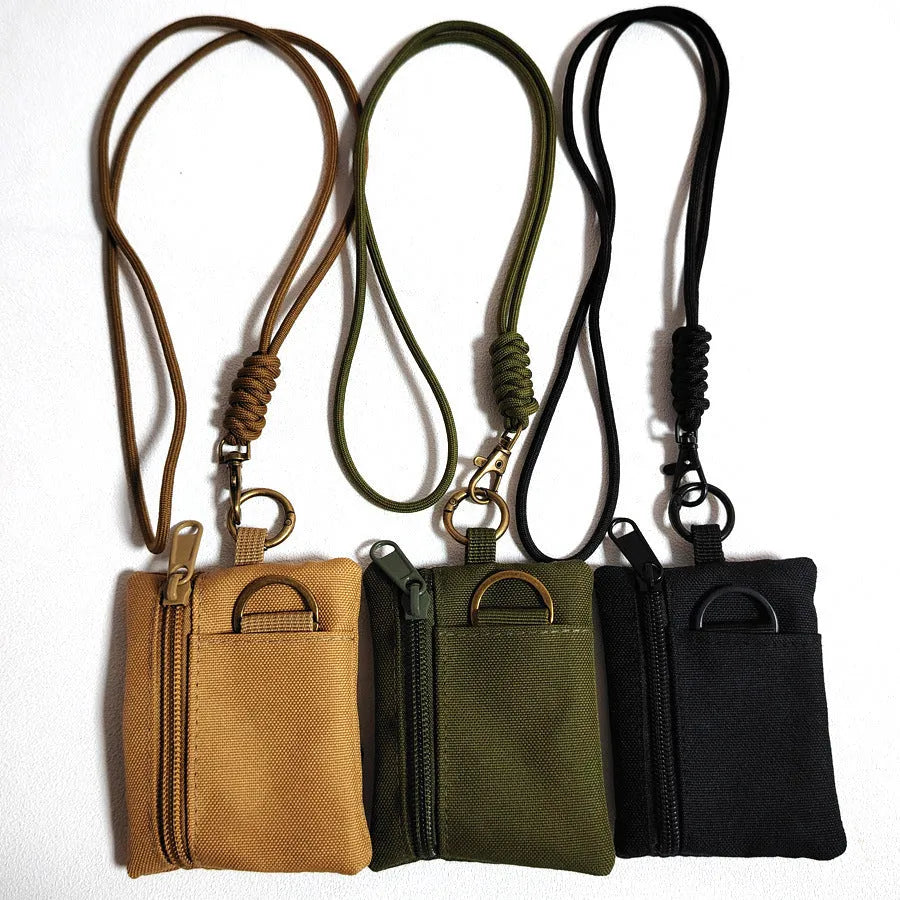 Mini multifunctional earphone bag in Oxford cloth, 9 x 10cm, with 52cm lanyard, shown in Black, Khaki or Army Green