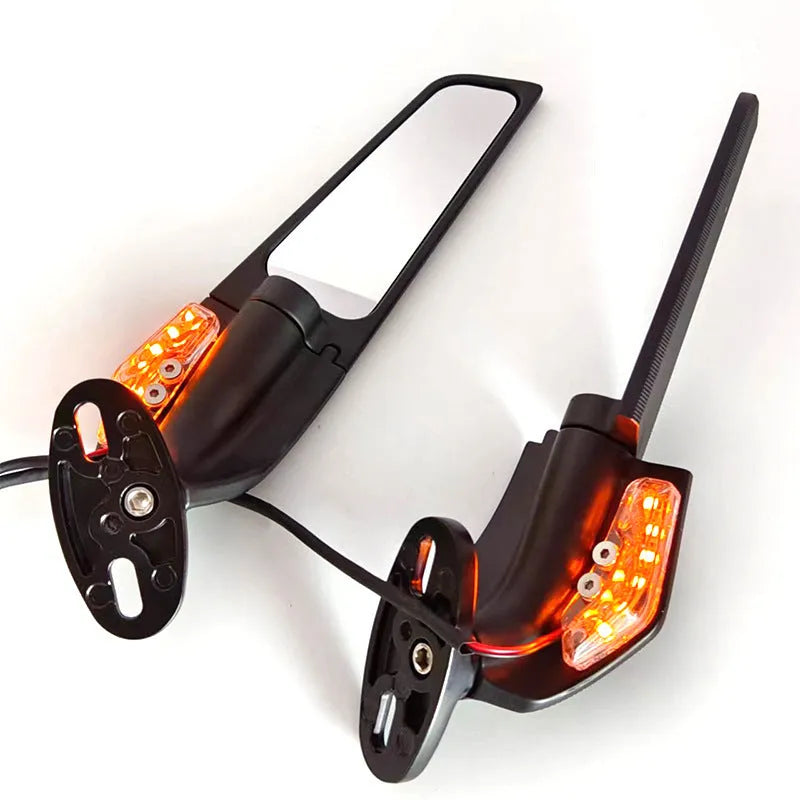 Pair of die-cast aluminium alloy motorcycle spoiler rearview mirrors with integrated yellow running lights and convex glass lenses.