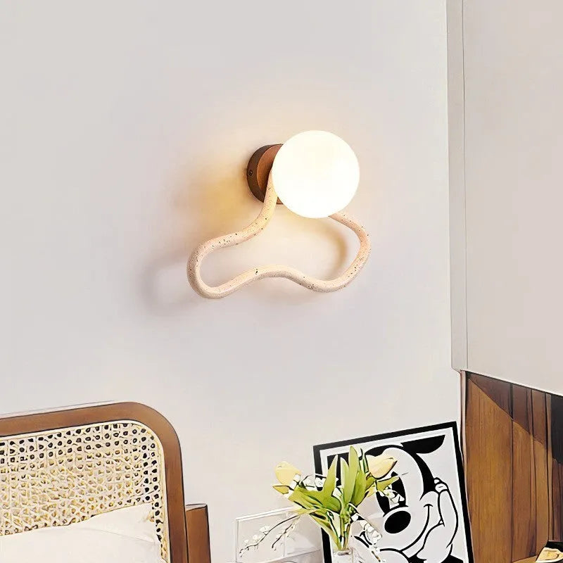 Cream middle ancient style wall lamp with 30cm travertine glass shade on solid wood base