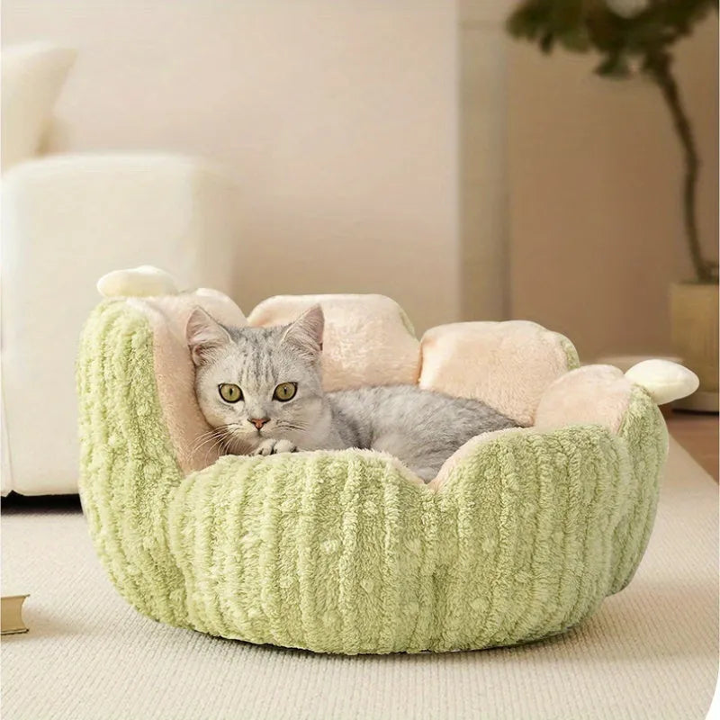 Cactus-themed cat litter kennel pet bed in purple or green, showing large and small size options