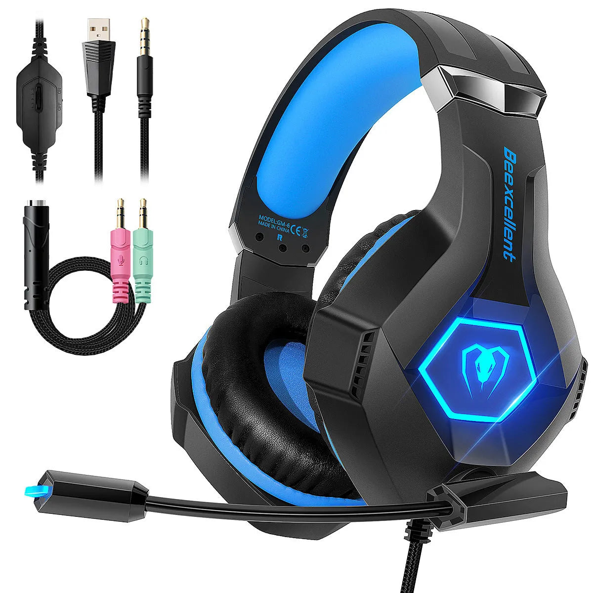 Thunder Wear Luminous gaming headset with LED lighting in black with coloured accents