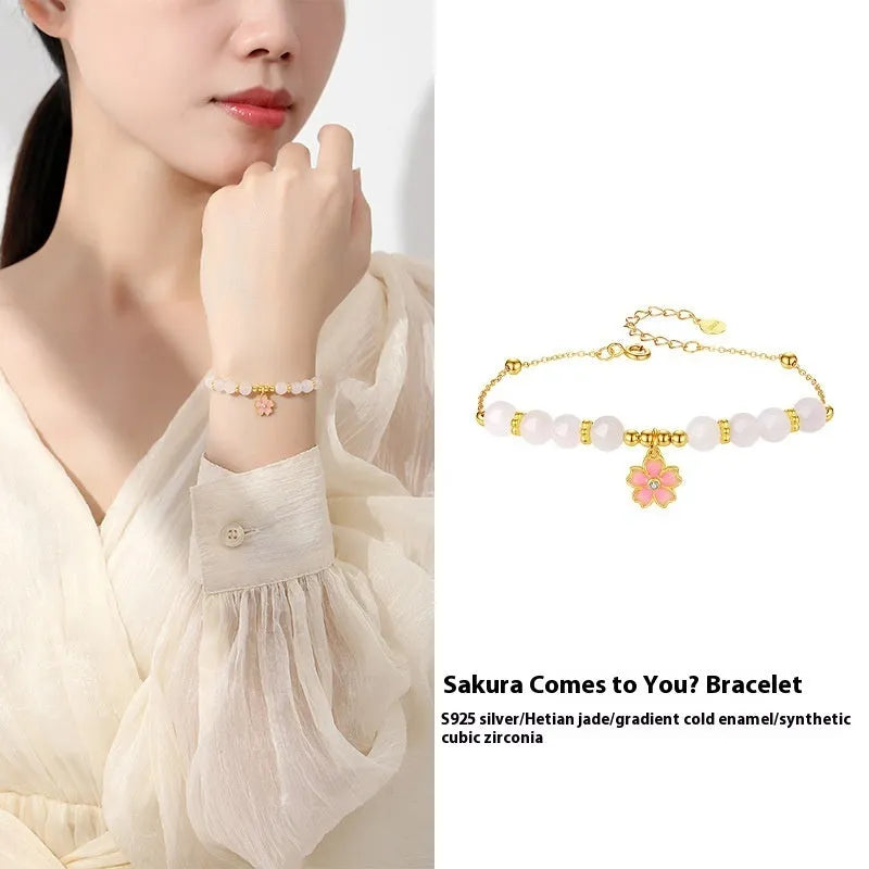 S925 silver bracelet with gradient pink cherry blossom epoxy pendant and Hetian jade beads