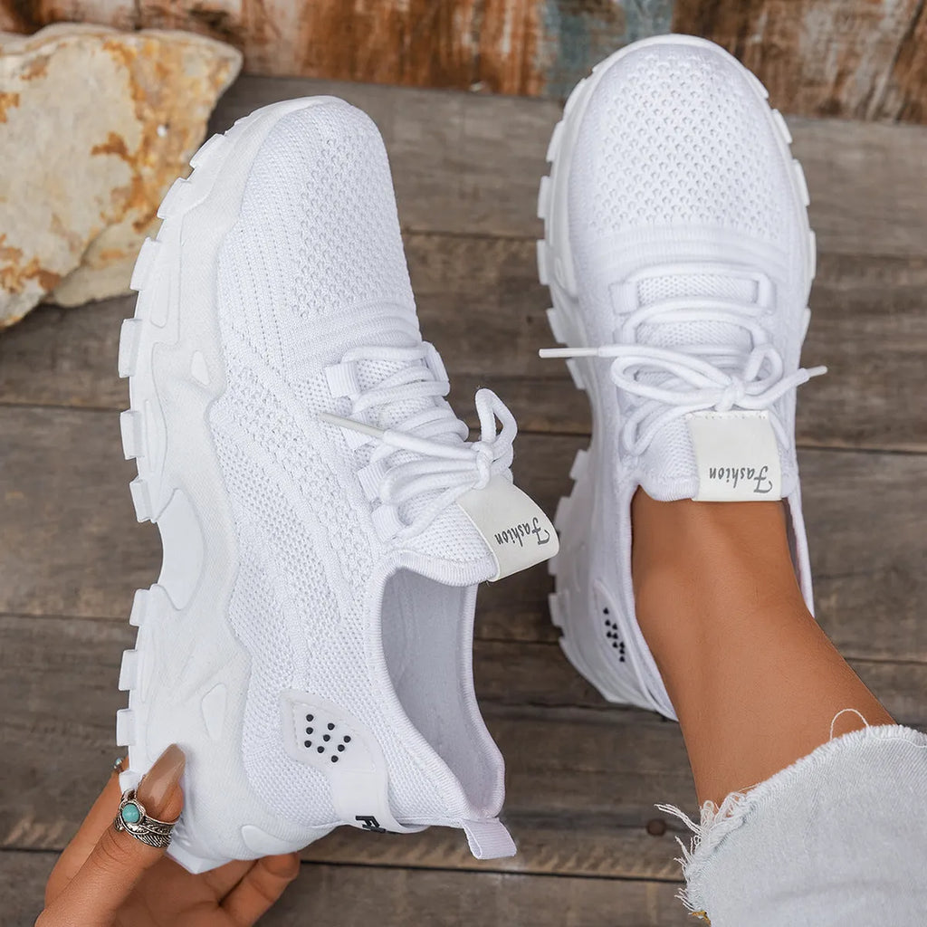 Women's flyknit mesh casual sports shoes in multiple colours with flat heel and round toe design