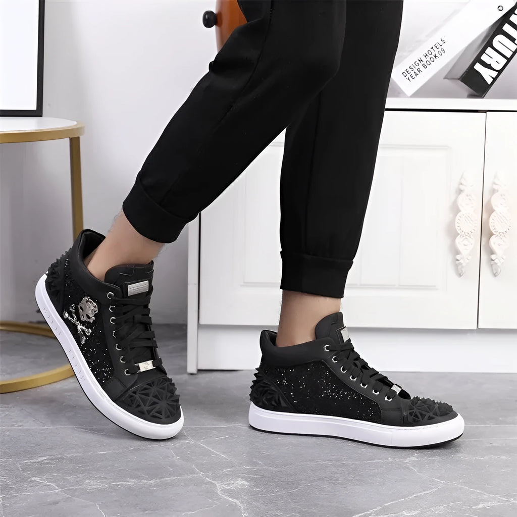 Men's black genuine leather high top skeleton shoes with lace-up front on a white background