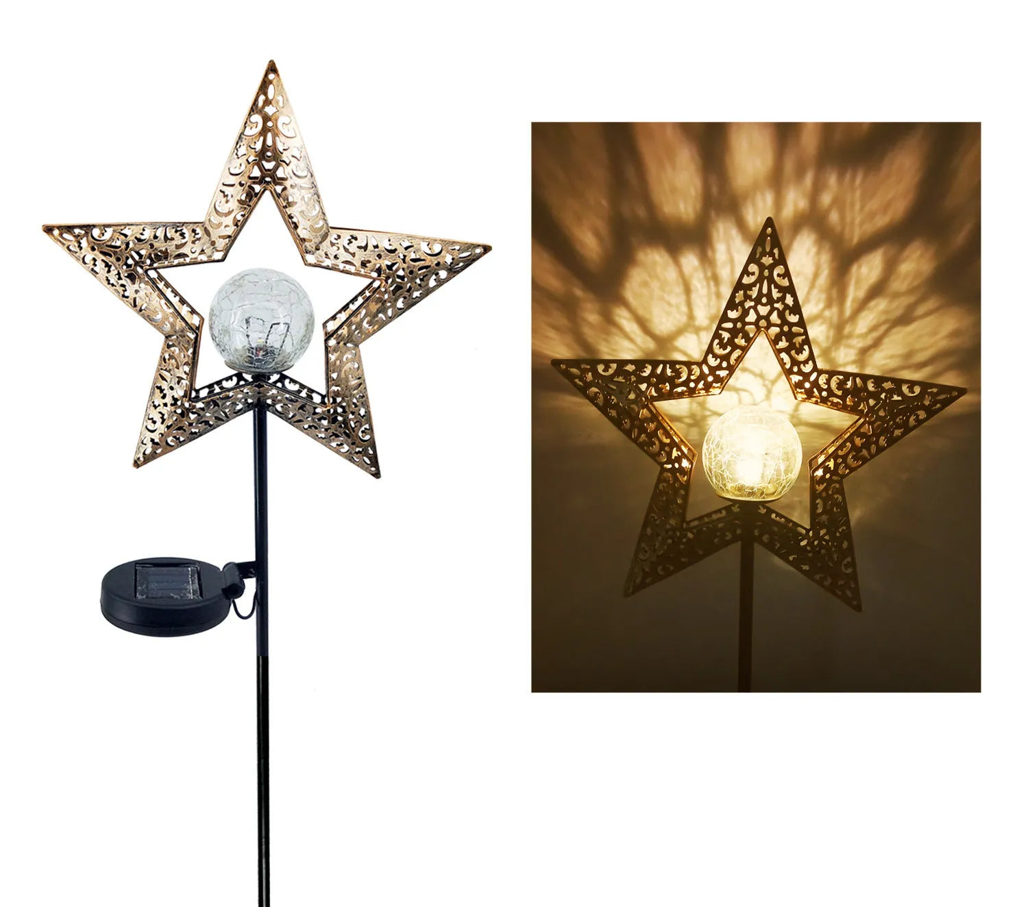 LED solar flame light with warm white glow in a garden, featuring iron and glass construction and stake stand