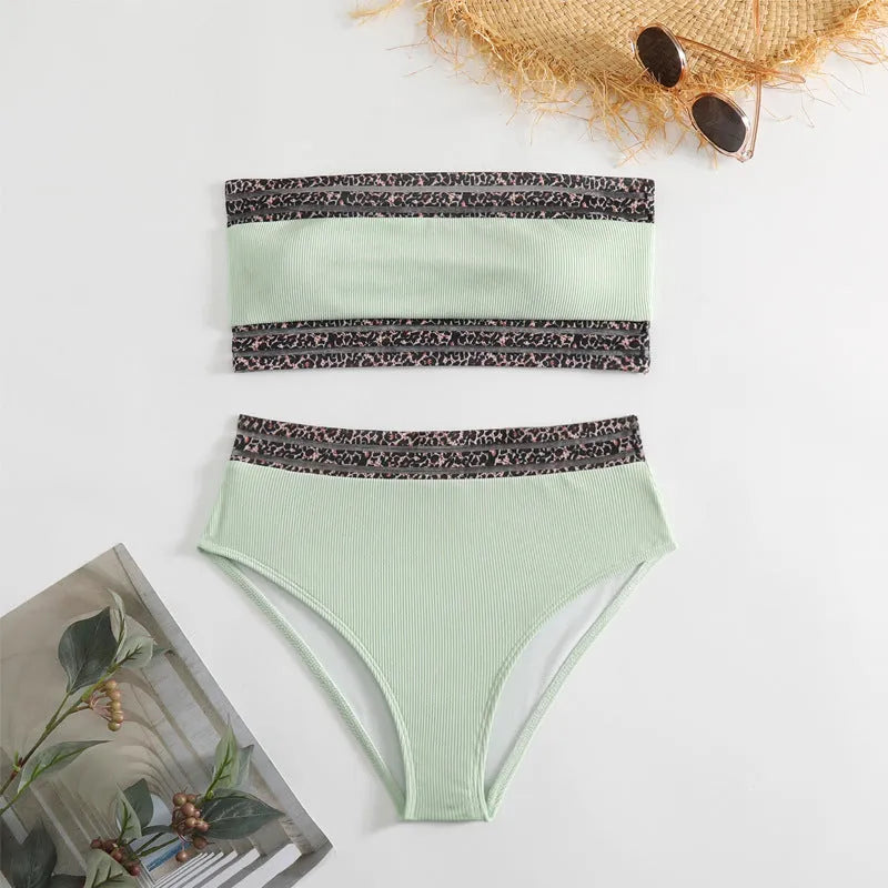 Black strapless leopard print bikini set with briefs on hanger