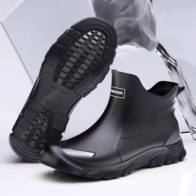 Korean style PVC short tube rain boots with plastic non-slip soles in black red colour option