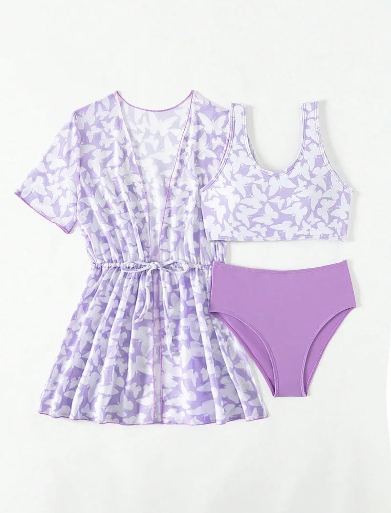 Girls' three piece split swimsuit set in colour 3218 showing coat, vest and matching briefs
