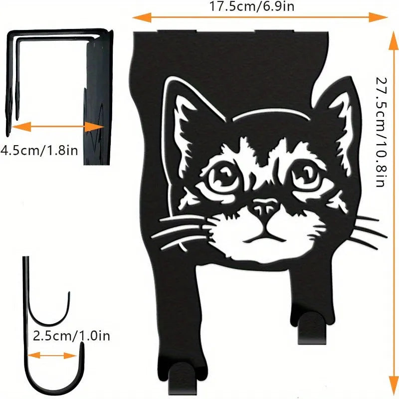 Black iron wall-mounted cat hook with modern design for punch-free installation.