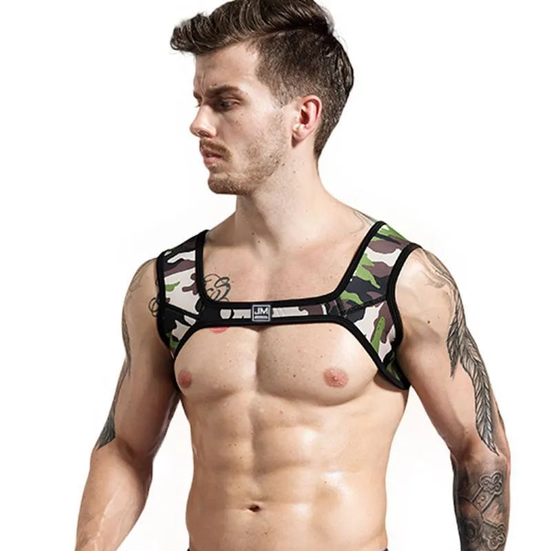 Men's neoprene sports shoulder strap in black, blue, camouflage, fluorescent green, red, and white on a white background