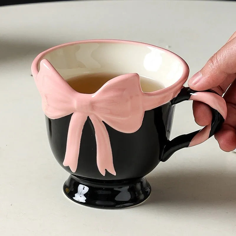 Girl heart bow design ceramic mug in white powder or black pink colour with 350ml capacity