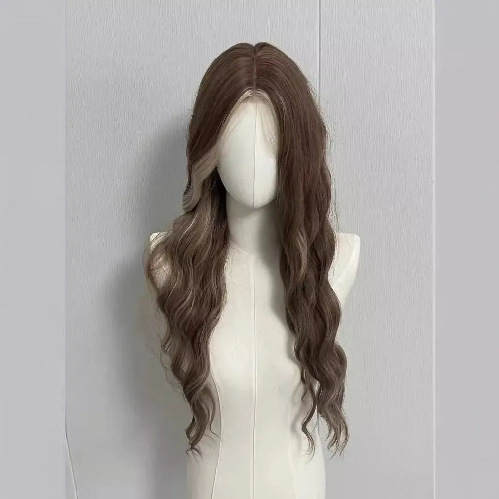 Long curly synthetic wig with grey golden highlights and high temperature fibre construction