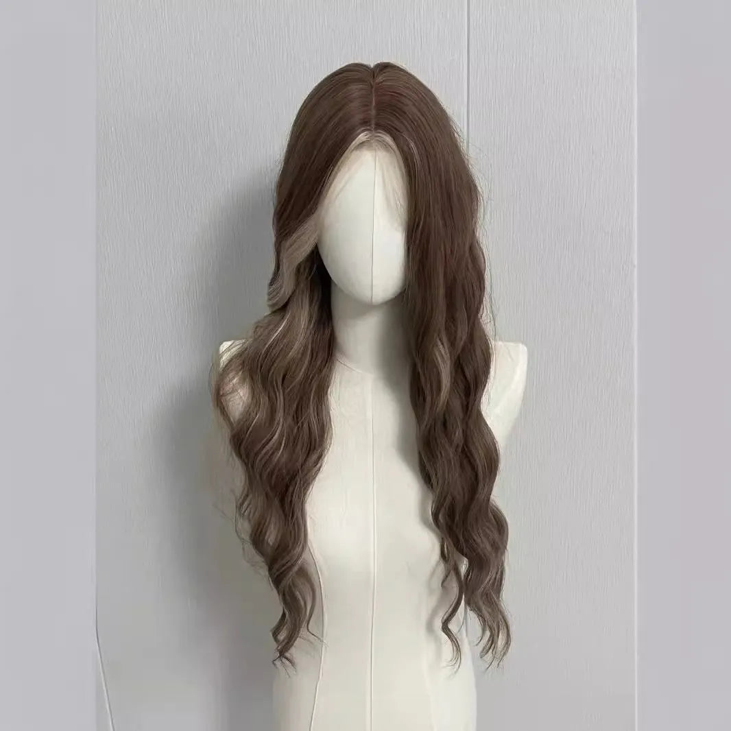Long curly synthetic wig with grey golden highlights and high temperature fibre construction