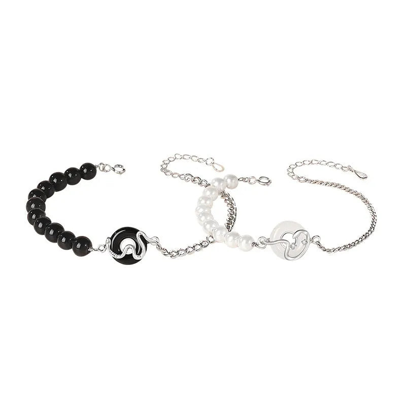 925 sterling silver couple bracelet with obsidian pearl, snake motif, and peace buckle clasp in New Chinese style.