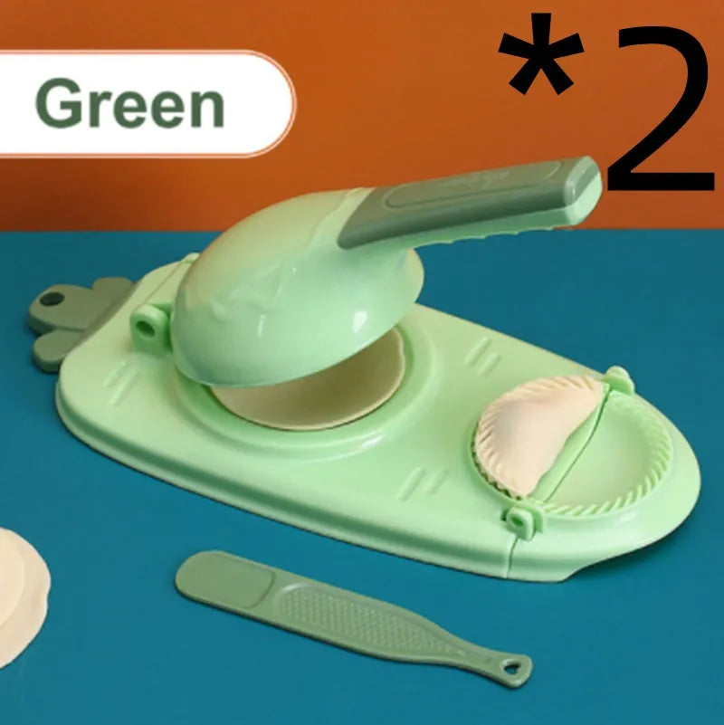 Orange and white plastic dumpling maker tool with ergonomic handle and hanging hole