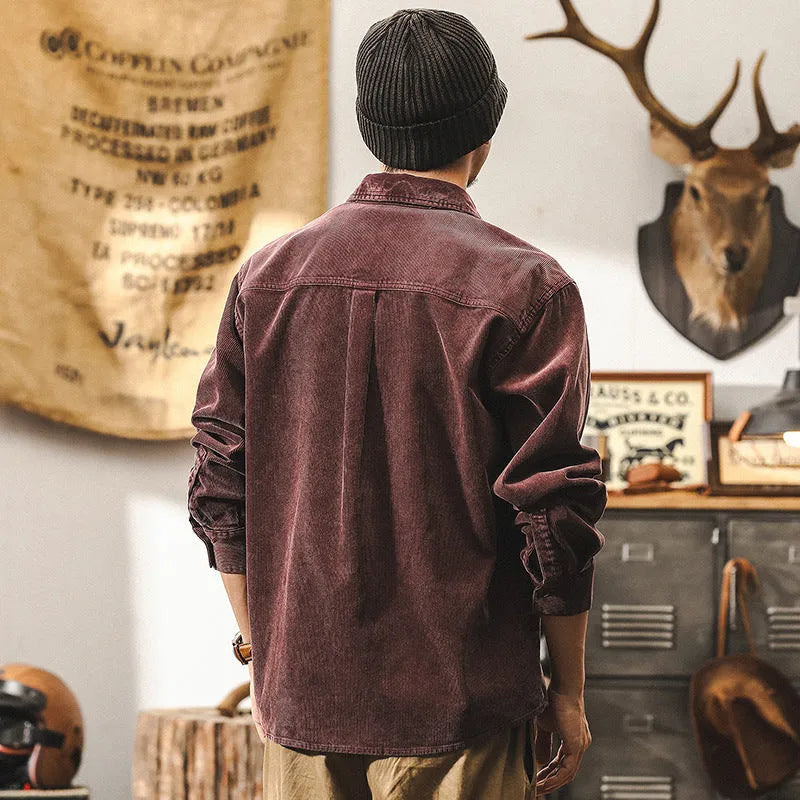 Men's retro corduroy casual shirt jacket in loose fit with long sleeves available in red and black colours