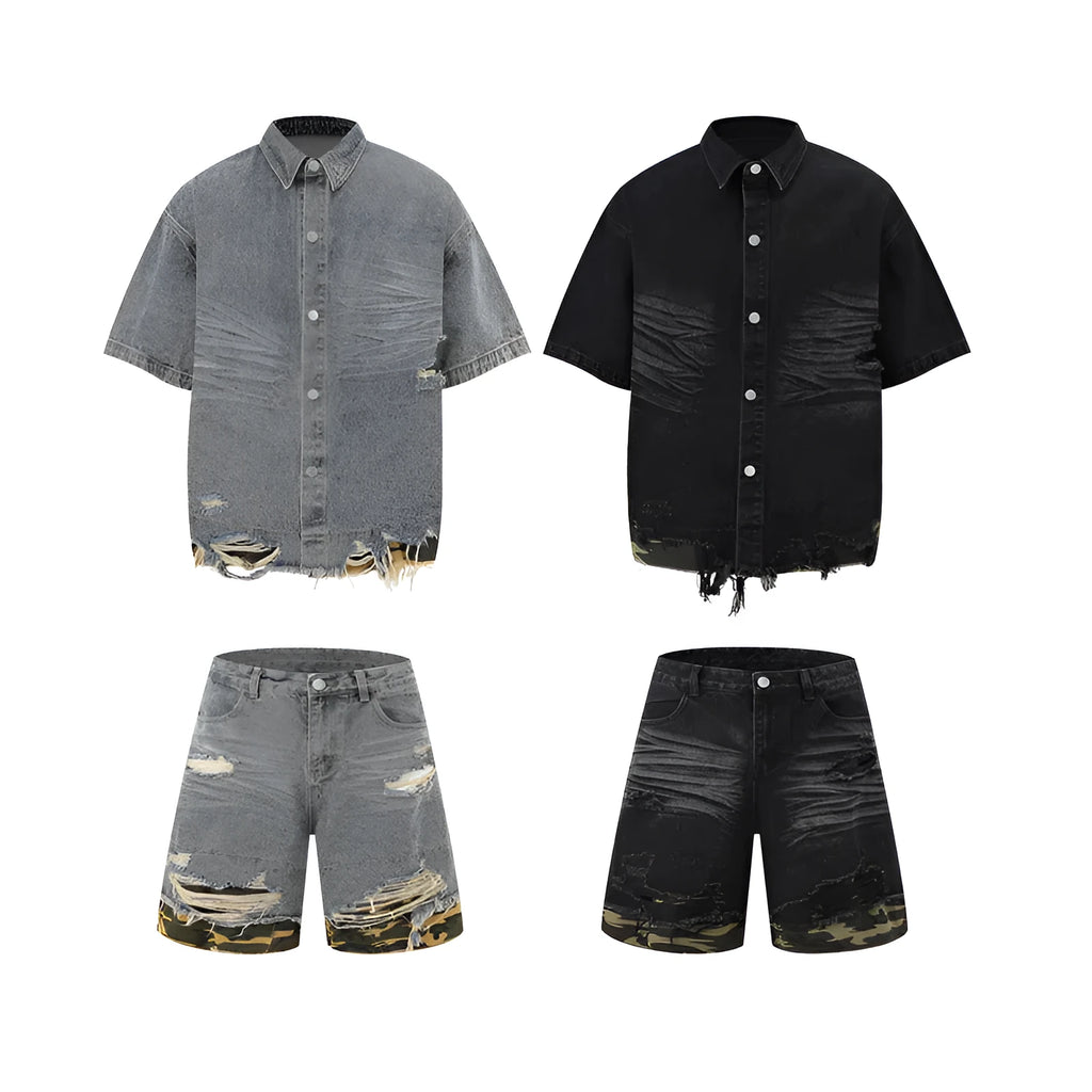 Leopard print denim short sleeve top and shorts set with cut edge stitching in blue.