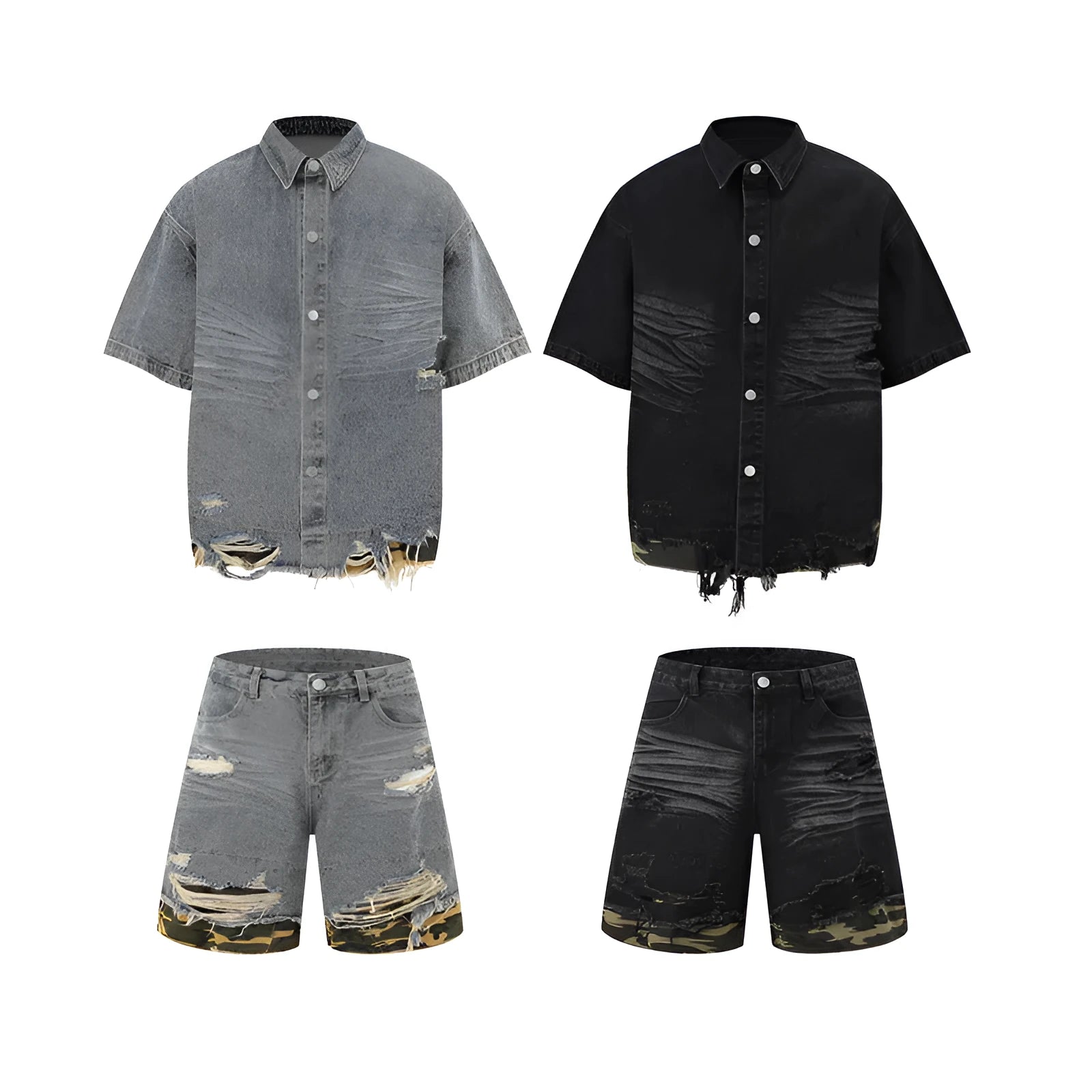 Leopard print denim short sleeve top and shorts set with cut edge stitching in blue.