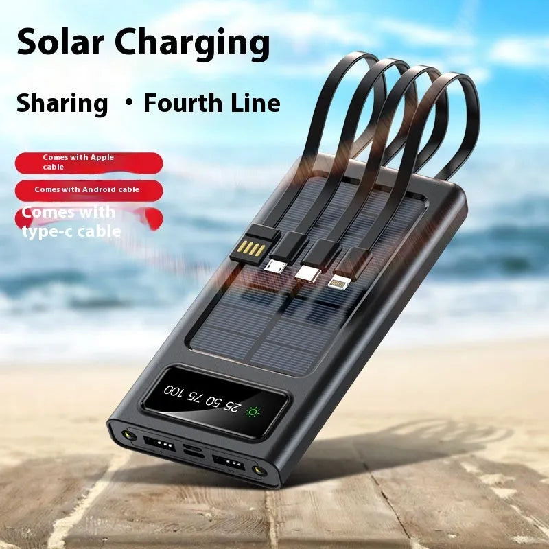 Solar power bank with four attached charging cables in black or white colour options