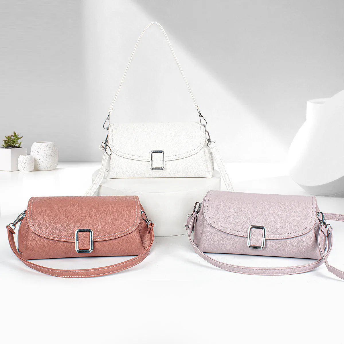 Ladies' PU shoulder handbag with crossbody strap in beige, black, coffee, khaki, purple or rubber powder colours