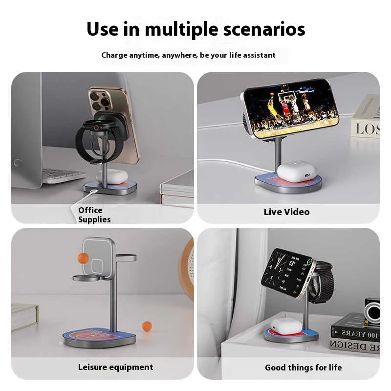 Three-in-one magnetic wireless charger with aluminium alloy body in black, red blue, or silver grey colour options.