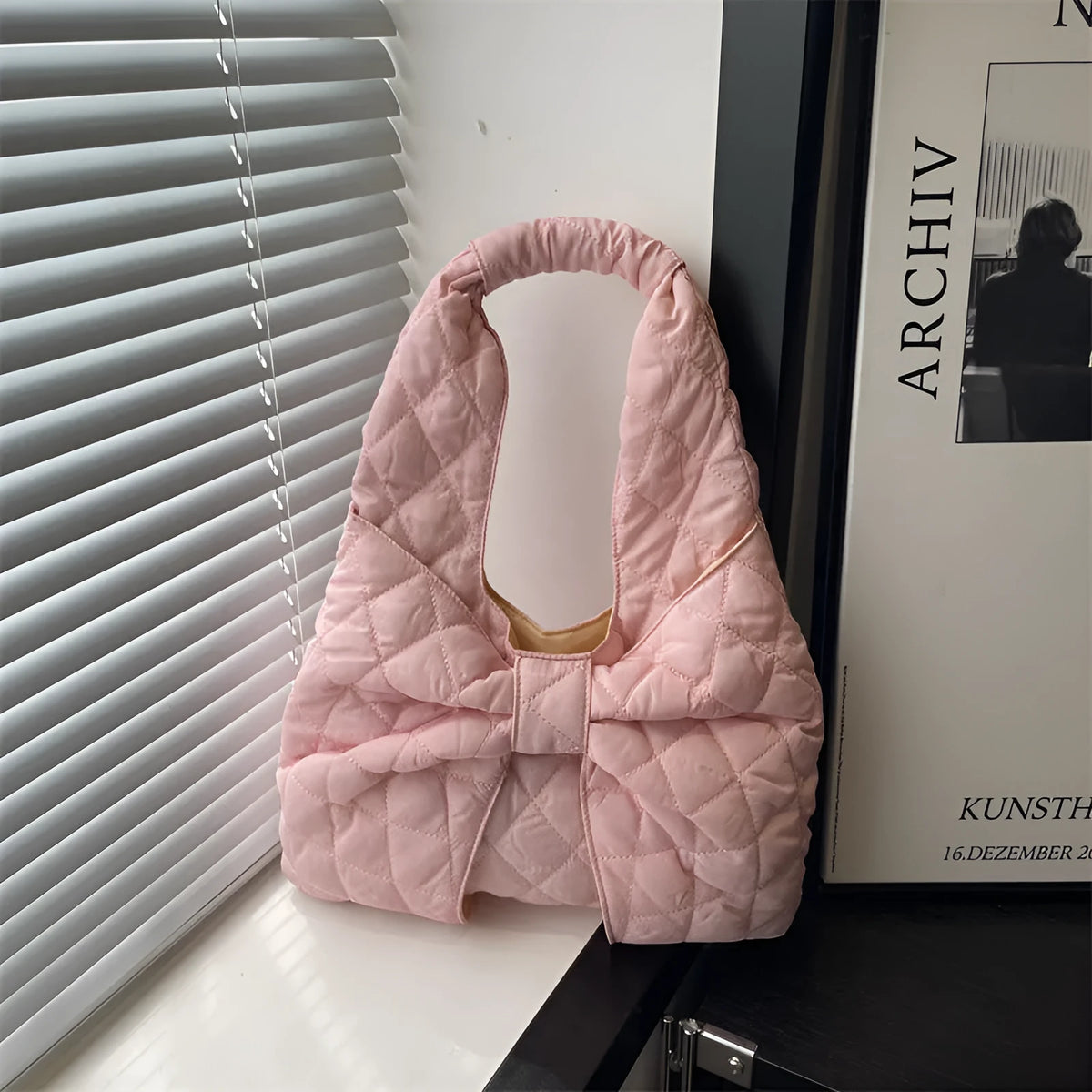 Polyester-lined cotton one shoulder handbag in horizontal square shape with sandwich pocket and zipper change bag