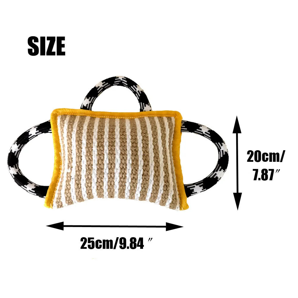 Jute dog tug toy bite pillow with three rope handles in assorted colours