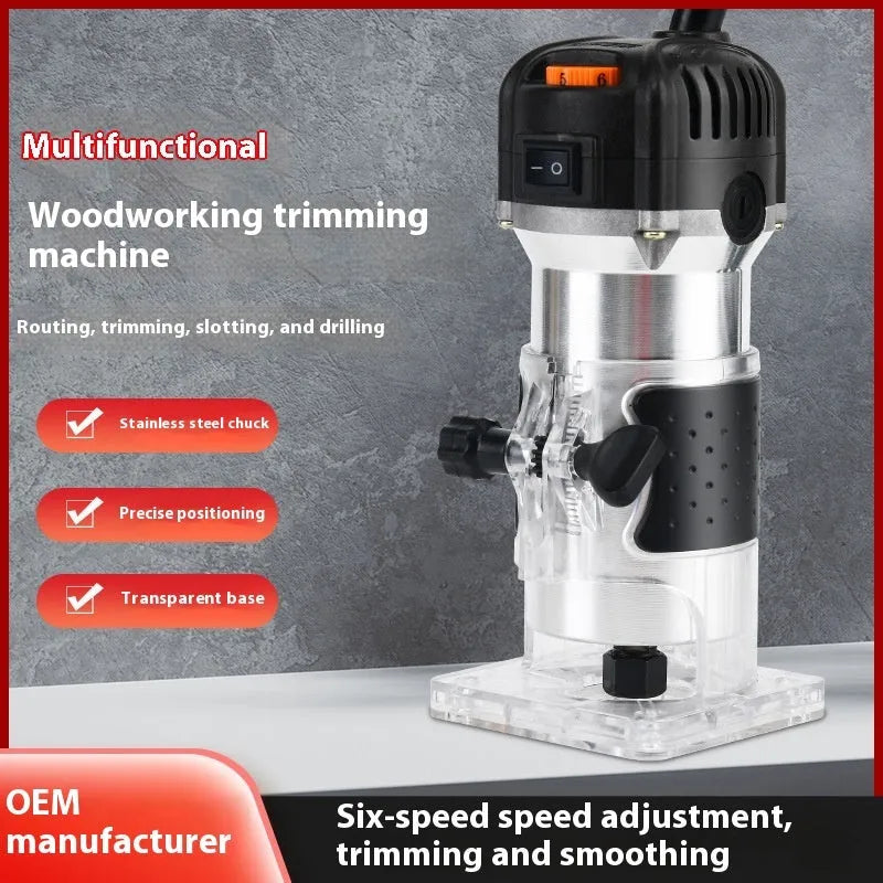 800W 6-speed electric woodworking trimmer router with 6.35mm collet, 15 milling cutters, straight knife, aluminium body, gear paper box