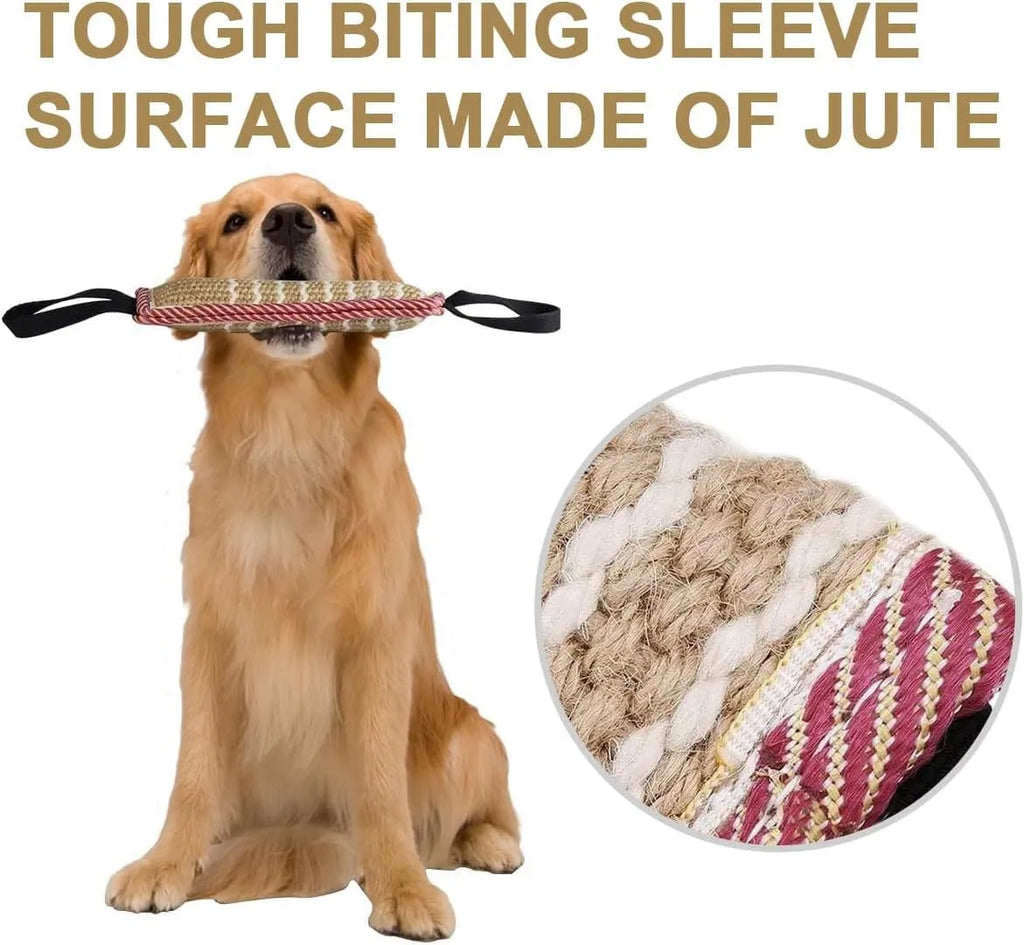 Beige and pink jute dog tug toy with two handles for tug of war games
