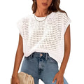 White long sleeve crochet-look pullover sweater with a round neck, shown on a hanger.
