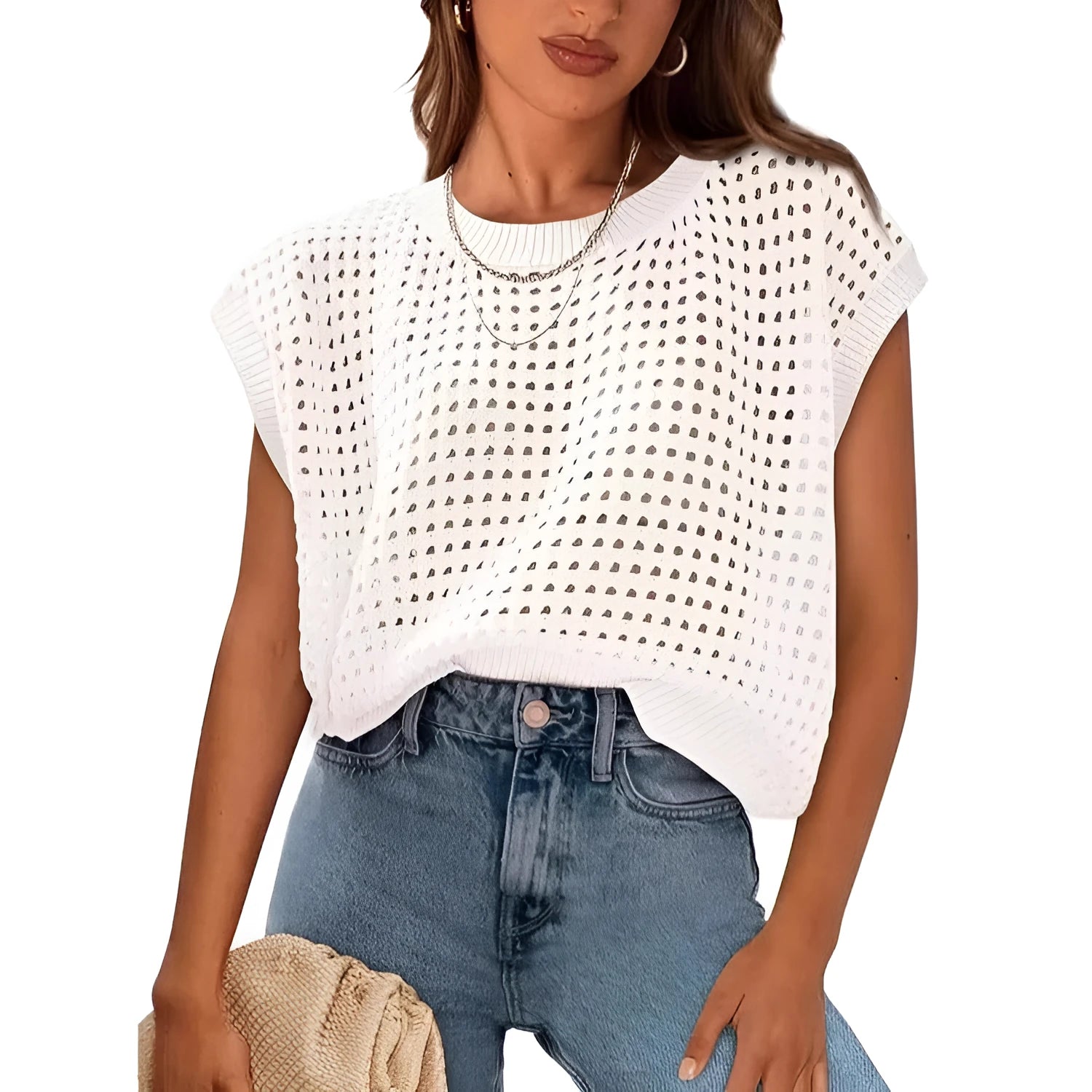White long sleeve crochet-look pullover sweater with a round neck, shown on a hanger.